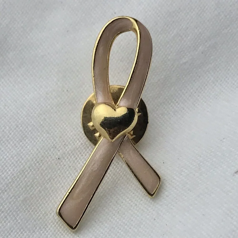Pink Ribbon Breast Cancer Awareness Gold Tone Heart Enamel Pin Brooch